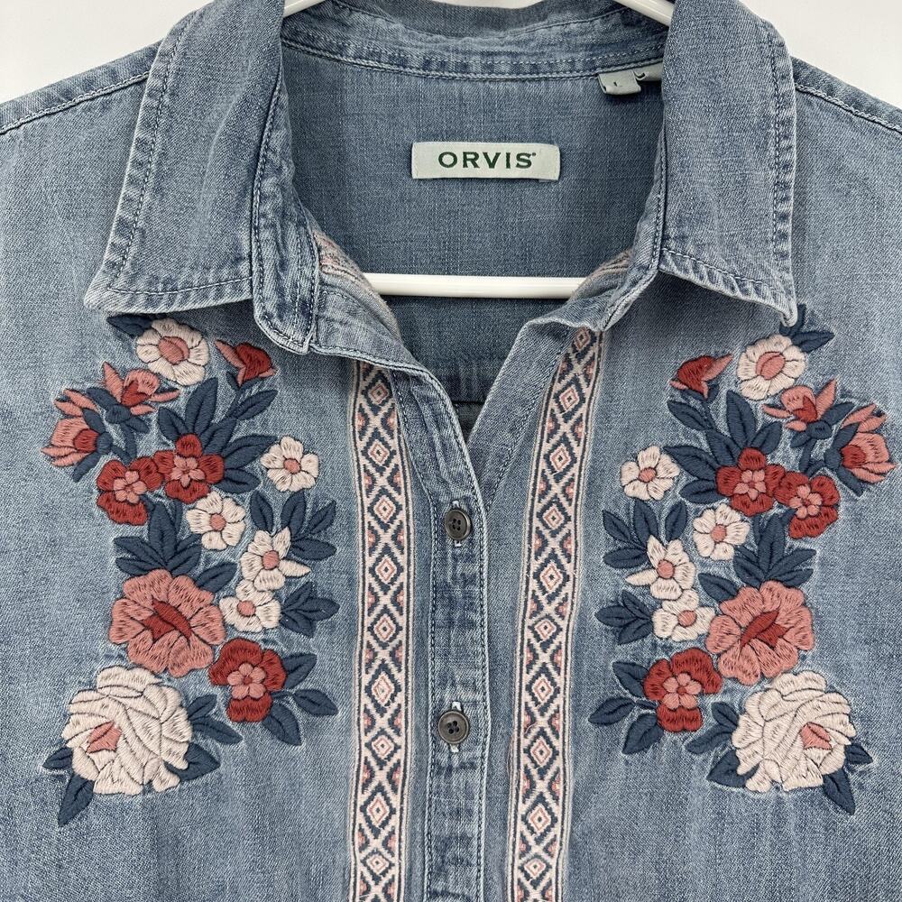 Orvis Shirt Womens Large Blue Denim Floral Embroidered Button Down Long Sleeve - Picture 3 of 12